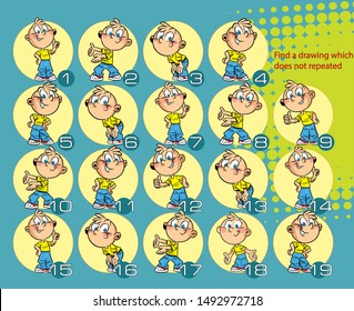 Vector illustration with a puzzle where you need to find a drawing with a boy who does not repeat.