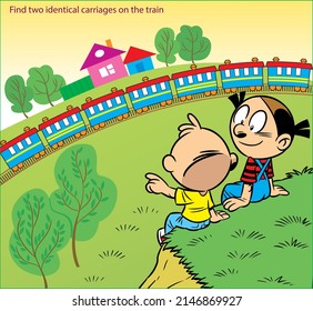 Vector illustration with a puzzle where you need to help children find two identical locomotive trailers