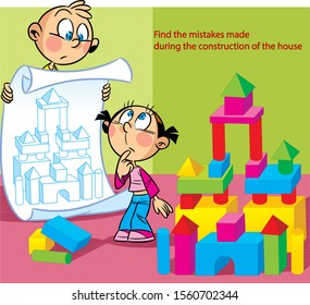 En la ilustración vectorial, un puzzle en el que un niño y una niña construyen una casa de juguete con cubos. Es necesario encontrar los errores cometidos por los niños.