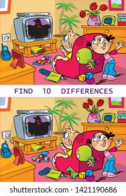 In vector illustration puzzle, in which children mischievous and play in the room. It is necessary to find ten differences in the pictures.