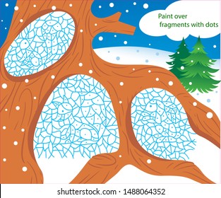 Ilustración vectorial con un rompecabezas en el que es necesario pintar sobre fragmentos con puntos para averiguar qué animales hibernan donde.