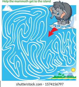 Vector illustration with a puzzle in which it is necessary to help the mammoth to get to the island