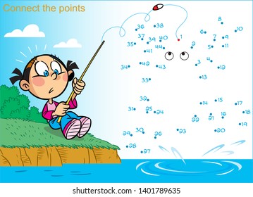 In vector illustration, a puzzle in which you need to connect the dots in order to find out who the girl caught fishing