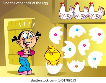 In vector illustration - a puzzle in which you need to find the correct half of the egg from which the hatched chick