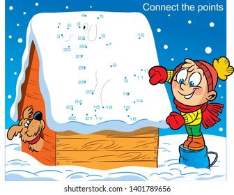 In vector illustration, a puzzle in which you must connect the dots to find out what the boy drew on the roof of the doghouse