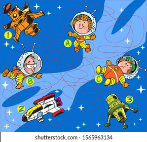 In the vector illustration, a puzzle in which you need to find the corresponding astronaut ship in the maze