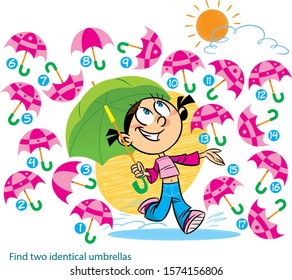 A vector illustration with a puzzle in which you need to find two identical umbrellas.
