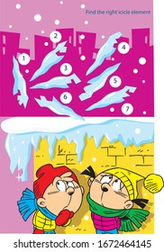 
Vector illustration with a puzzle in which you need to find the right icicle fragment from the roof