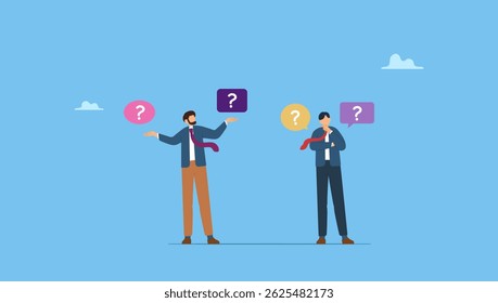 Ilustração vetorial de homens de negócios intrigados duvidando, decidindo, estabelecendo prioridades. Empresários fazem escolha, conceito de decisão.
