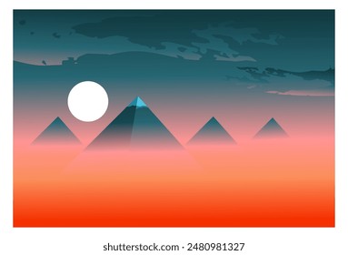 
Ilustración vectorial de una pirámide sobre las nubes por la noche con la luna arriba