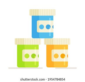 Vector illustration of a pyramid of acrylic paint cans. Drawing of creative materials for workshop designs. Multicolored palette of colors in the store.