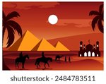 vector illustration of a pyramid and a mosque side by side, Islamic theme, icons of camel herders and people on horseback, background of the night sky, moon, palm trees, Sahara.