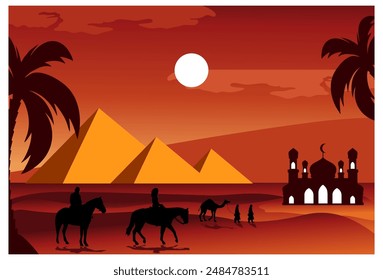 vector illustration of a pyramid and a mosque side by side, Islamic theme, icons of camel herders and people on horseback, background of the night sky, moon, palm trees, Sahara.