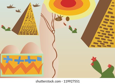 Vector illustration of pyramid structure on desert with camel