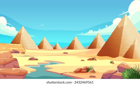 Vector illustration of pyramids in a desert setting.