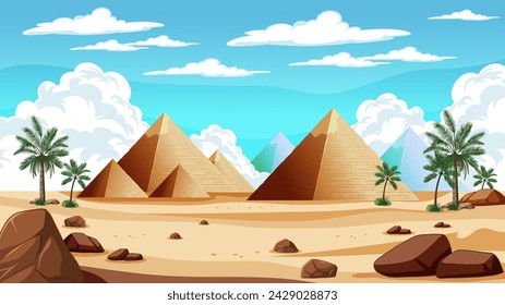 Vector illustration of pyramids with palm trees.