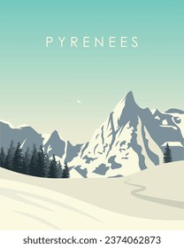 Vector illustration. Pyrenees. Design for poster, banner, postcard. Flat design. Cartoon style. Travel, tourism. Vertical banner.