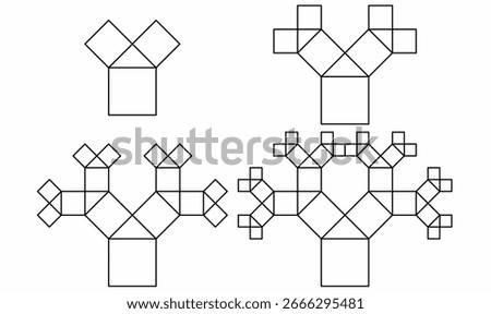 vector illustration of Pythagoras tree fractal, showing recursive square branches in four growth stages, ideal for math, geometry, fractal art, and design.