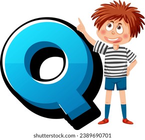 Vector illustration of Q alphabet font with boy and girl cartoon characters