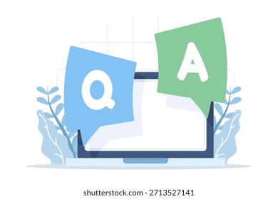 Ilustración vectorial del concepto de preguntas y respuestas que muestra íconos de preguntas y respuestas, que simbolizan la gestión del conocimiento, los centros de ayuda y la comunicación interactiva.