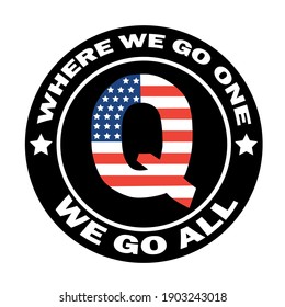 Vector illustration of 'Q' filled with USA flag print and tagline used by supporters of Trump, disproven conspiracy theory, anon, alternative right and militia movement during storming of US Capitol