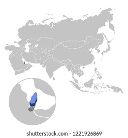 Vector illustration of Qatar in blue on the grey model of Asia map with zooming replica of country.
