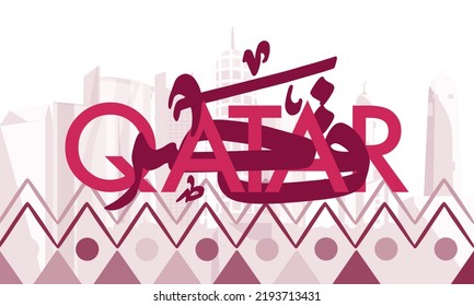 Vector Illustration of Qatar National Day Celebration with Landmark and Abstract Shapes. Arabic Text Translated as "Qatar" in English.