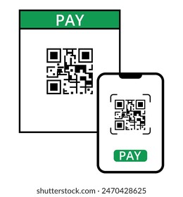 Vector illustration of qr code with cell phone pointing with pay button for websites and graphic resources.