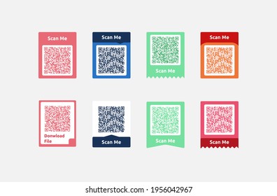 Vector illustration of QR code frame set. QR code mock up illustration. Cellphone QR code banner set