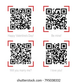 Vector illustration of Qr code samples on valentine holiday and love theme isolated on white. Scanned Qr-codes read I love you, Be mine, Happy Valentines Day, Will you marry me