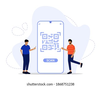 Vector Illustration, QR Code scanning Concept, Showing people scan code using smartphone, Suitable for landing page, UI, web, App intro card, and others