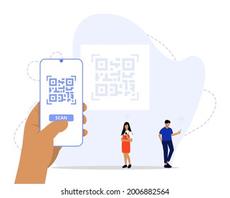 Vector Illustration, QR Code scanning Concept, Showing people scan code using smartphone, Suitable for landing page, UI, web, App intro card, and others