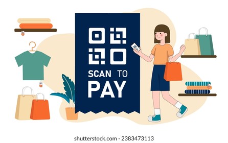 Vector Illustration, QR Code scanning Concept, Showing people scan code using smartphone, Suitable for landing page, UI, web, App intro card, and others..