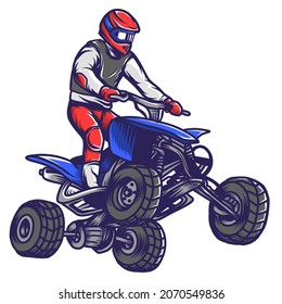 Vector illustration of Quad bike, ATV rider jumping style isolated on white. Use for poster, printing, sticker, merch, banner, logo.