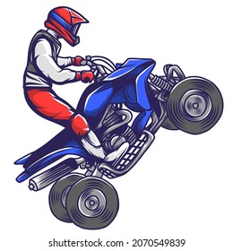 Ilustración vectorial de la bicicleta Quad, estilo de salto ATV aislado en blanco. Utilícelo para afiches, imprenta, pegatinas, merch, banner, logotipo.