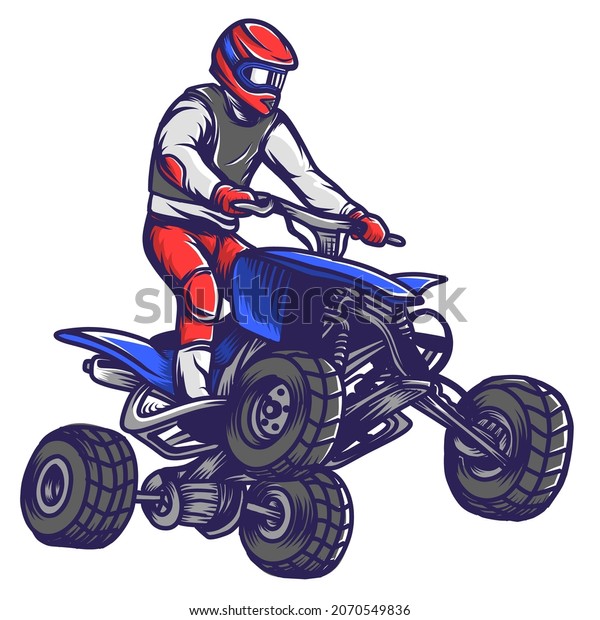 Vector illustration of Quad bike, ATV rider jumping\
style isolated on white. Use for poster, printing, sticker, merch,\
banner, logo.