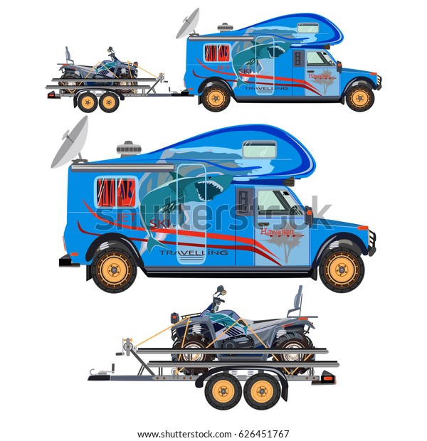 Vector illustration of\
quad bike, camper car and trailer isolated on white background.\
Flat style design.