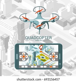 Vektorgrafik mit Quad-Kopierer, der über die Stadt fliegt, und Controller auf isometrischem Hintergrund. Drohnenlieferung, Fernbedienung. Isometrischer Stil.