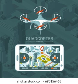 Vector Illustration with quad copter flying over the city and controller on isometric background. Drone delivery, remote control. Isometric style.