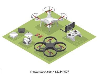 Vector Illustration with quad copter and remote control on color background. Drone with a video camera, controller has a holder for mobile phone. Isometric style.