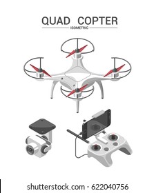 Vector Illustration with quad copter and remote control on white background. Drone with a video camera, controller has a holder for mobile phone. Isometric style.