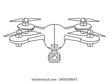 Vector illustration of quadcopter aerial drone with camera for photography, video surveillance or delivery isolated on white background in linear style