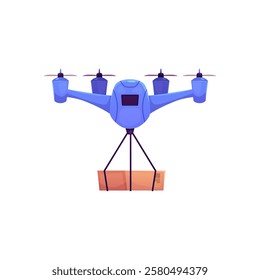 Vector illustration of quadcopter with box. Drone delivery service by air. Automation of technologies. Robotic equipment in logistics. Flat cartoon style. Isolated background.