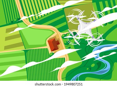 Vector illustration of a quadrocopter flying in the air over the landscape of the earth, top view, fly around the territory using a drone