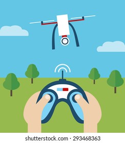 Vector illustration of quadrocopter and operator's hands holding remote control. Air RC drone in flat design on isolated background.