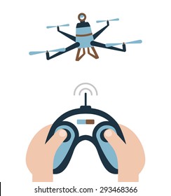 Vector illustration of quadrocopter and operator's hands holding remote control. Air RC drone in flat design on isolated background.