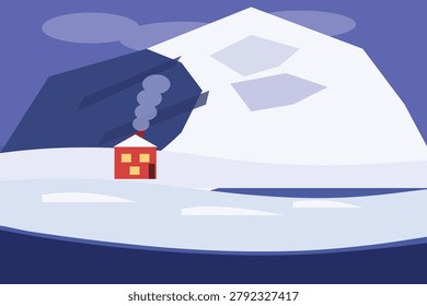 Vector illustration of a quaint red house with chimney smoke amidst a snow-covered mountain range, depicting a peaceful and isolated winter scene.
