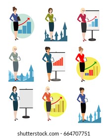 Vector illustration of qualified office workers on white background. Specialist in public relations, PR manager, skilled office employee, secretary, receptionist. Vertical location.