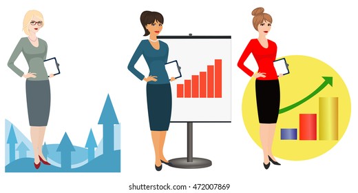 Vector illustration of a qualified referent on white background. Specialist in public relations, PR manager , skilled office employee. Horizontal location.