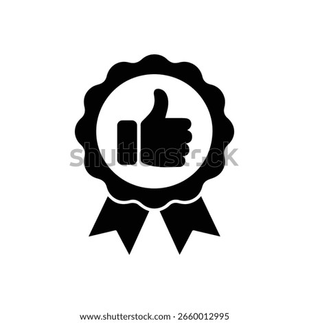 Vector illustration of a quality assurance badge with a thumbs up symbol, representing approval, certification, and positive feedback in a clean, minimal design.
